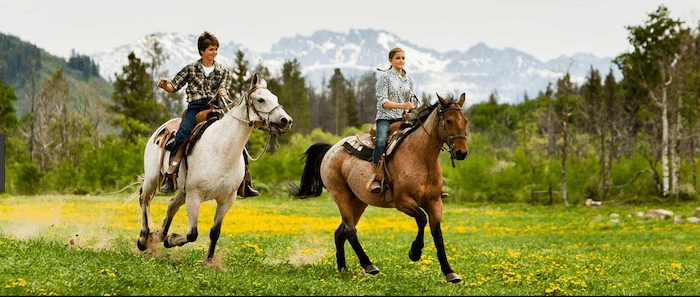 Confident plus-size woman riding Shettleston a horse through a field with a smile on her face.
